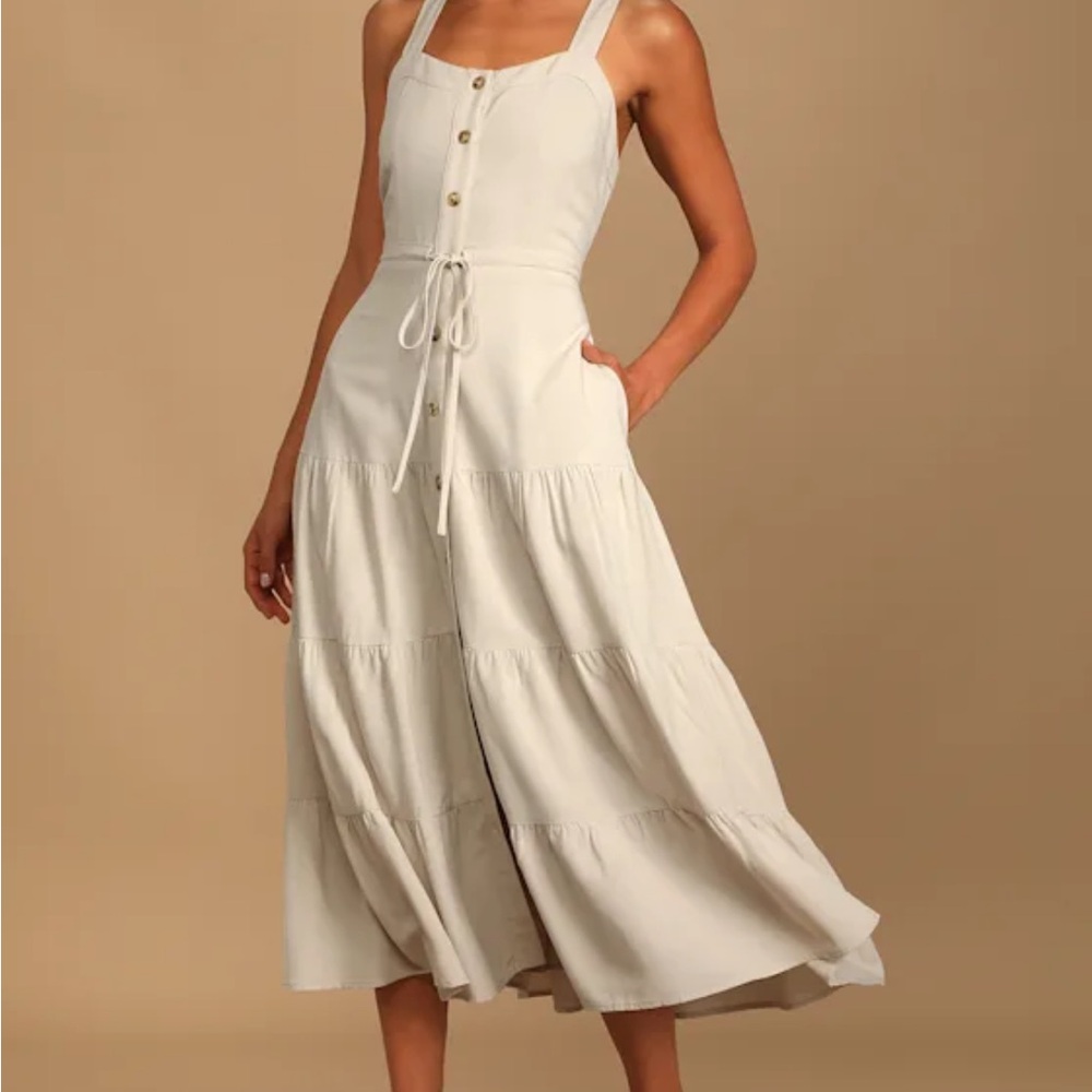 Lulus See the City Beige Button-Front Tiered Midi Dress